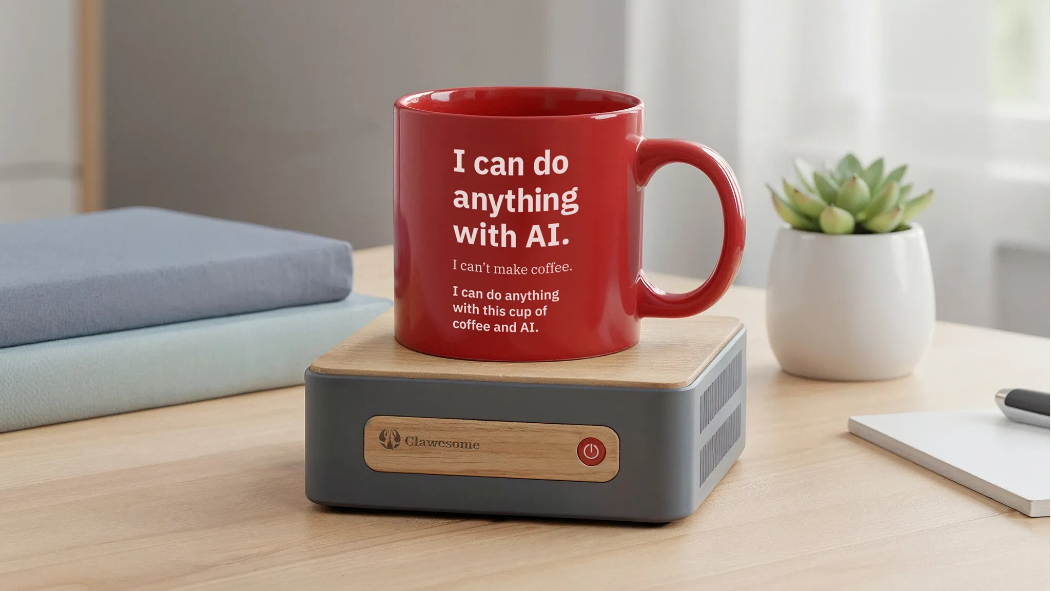 Clawesome natural mug in a home workspace